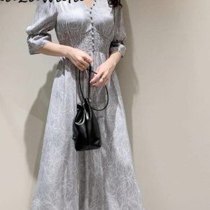 Kuzuwata V Neck Long Sleeve Slim Pullover Dress Women Vintage Print High Waist H